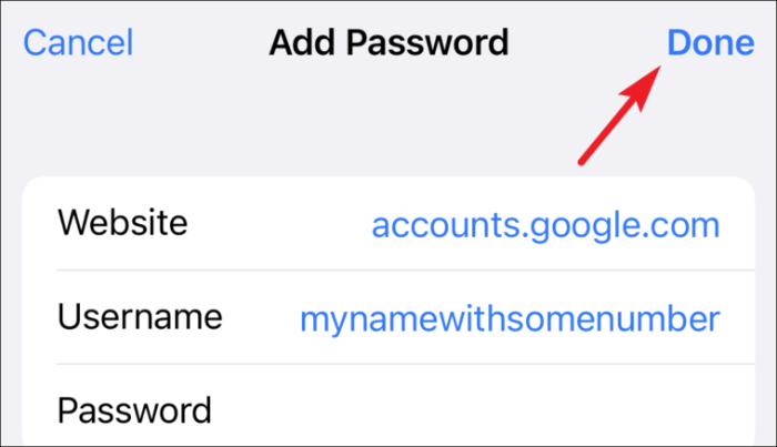 Tippen Sie auf Fertig, um Passwörter aus dem iCloud-Schlüsselbund vom iPhone zu speichern