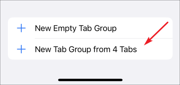 Klicken Sie auf eine neue Registerkartengruppe von 4 Registerkarten, um die aktuelle Gruppe in Safari zu erstellen
