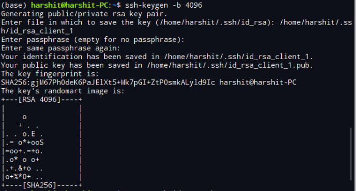 ssh-keygen -b 4096 Sobald der gesamte Prozess der SSH-Schlüsselgenerierung abgeschlossen ist, erscheint die folgende Meldung auf Ihrem Bildschirm.