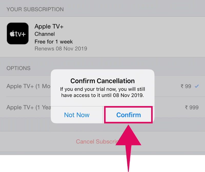 Dodirnite potvrdi u skočnom dijalogu da biste otkazali pretplatu na Apple TV+