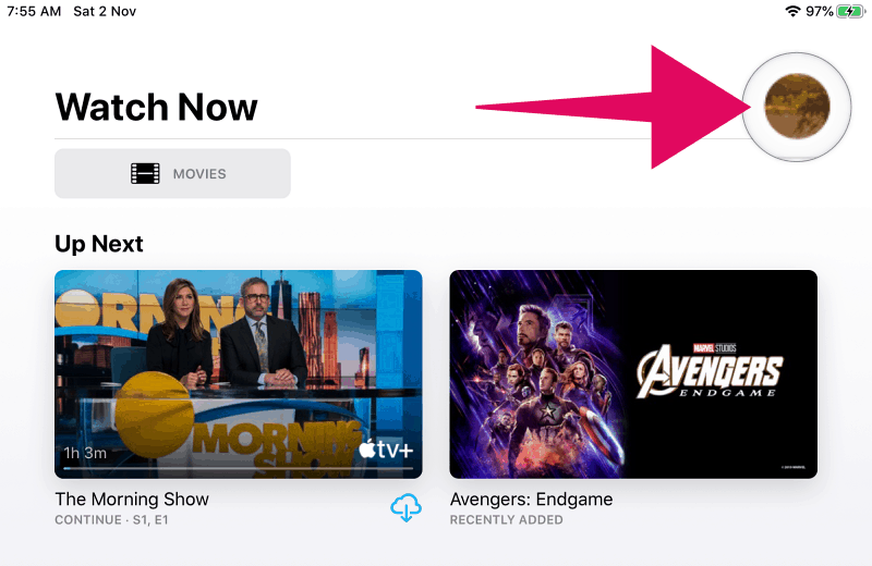 Tippen Sie in der Apple TV-App auf das Profilbild-Symbol