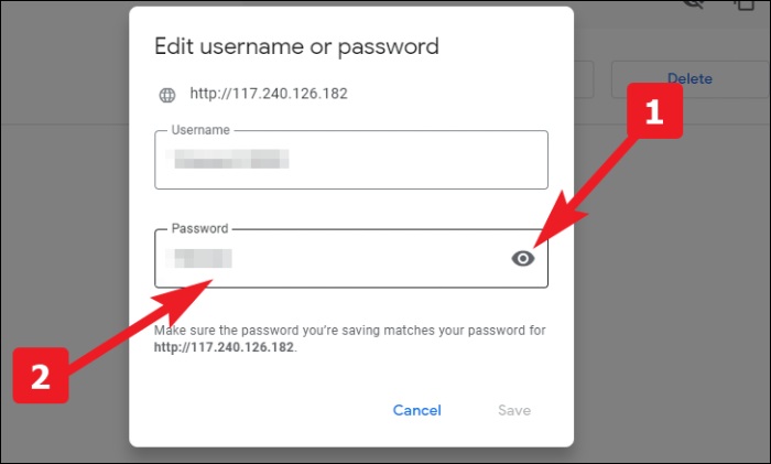 Klicken Sie auf das Augensymbol, um die gespeicherten Passwörter anzuzeigen, zu bearbeiten oder zu aktualisieren