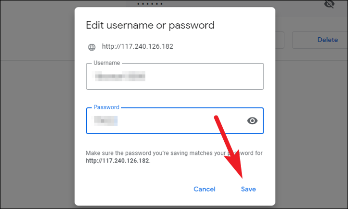Klicken Sie auf Speichern, um gespeicherte Passwörter zu bearbeiten oder zu aktualisieren