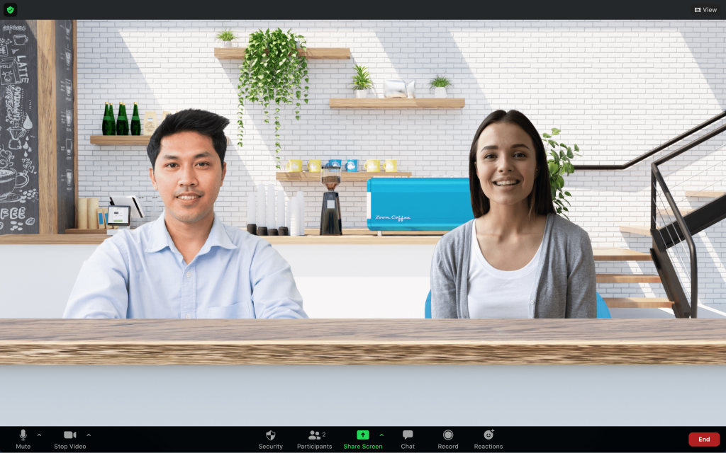 Die immersive Ansicht von Zoom zeigt zwei Meeting-Teilnehmer in einer einzigen virtuellen Café-Szene