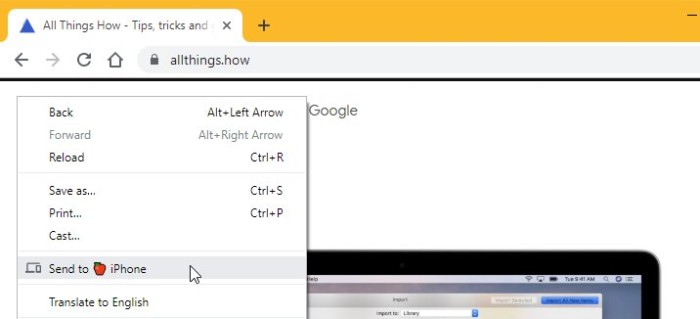 Chrome-Funktion Tab an Gerät senden