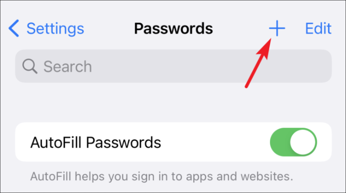 Tippen Sie auf Plus, um ein Passwort im iCloud-Schlüsselbund vom iPhone hinzuzufügen