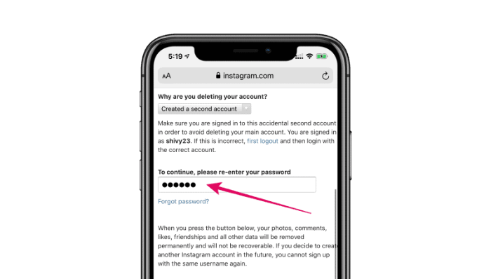 Unesite lozinku Instagram račun izbrišite iPhone