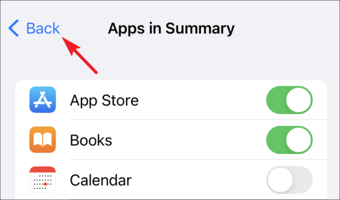 Tippen Sie auf Zurück, um Apps für die Benachrichtigungszusammenfassung auf dem iPhone festzulegen
