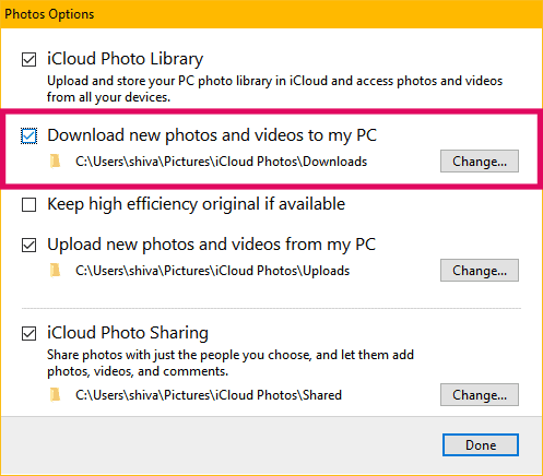 Opcije sinkronizacije iCloud fotografija Windows