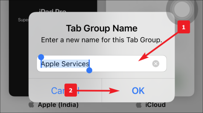 masukkan nama dan ketuk ok untuk mengganti nama grup tab di safari