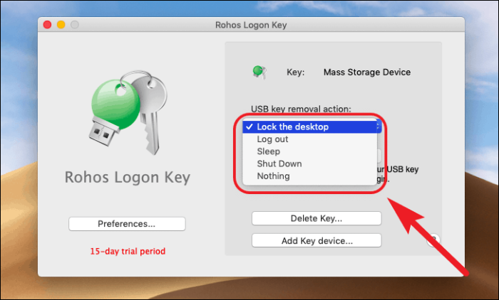 USB-Sicherheitsschlüssel konfiguriert mit rohos