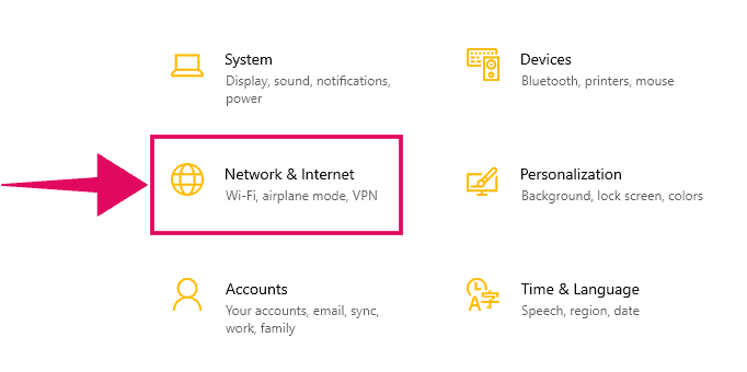 Gehen Sie zu Netzwerk- und Interneteinstellungen in Windows 10