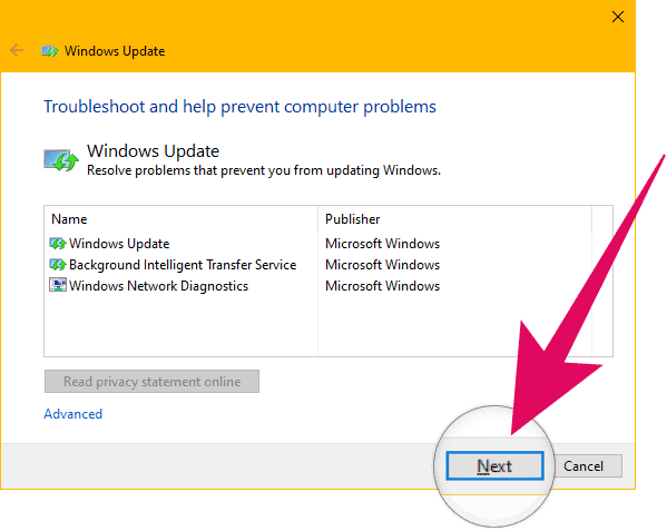 Kliknite Naprej v programu Windows Update Troubleshooter