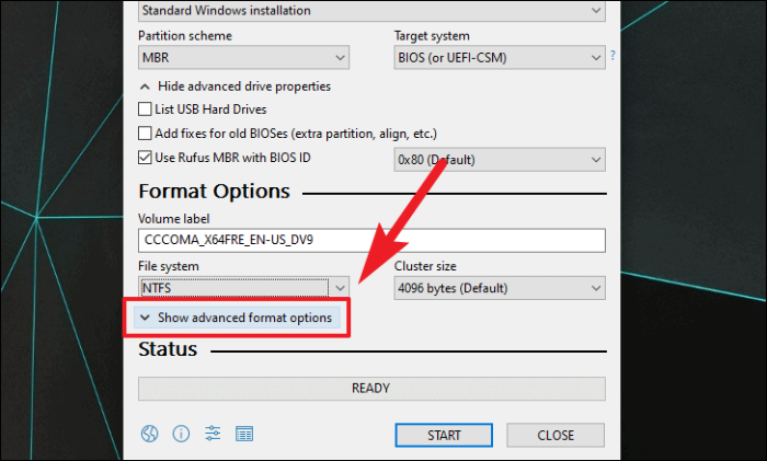 Windows 11 USB 드라이브를 만들기 위한 고급 형식 옵션 표시