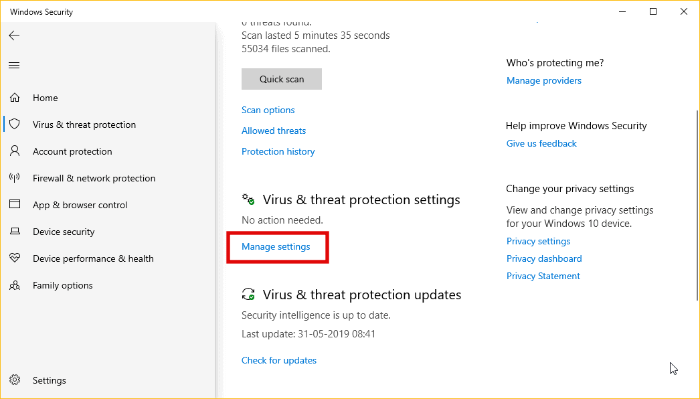 Windows Defender Viren- und Bedrohungsschutzeinstellungen