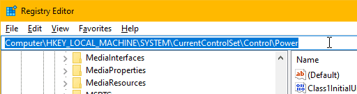 Опции за захранване редактор на системния регистър Windows 10