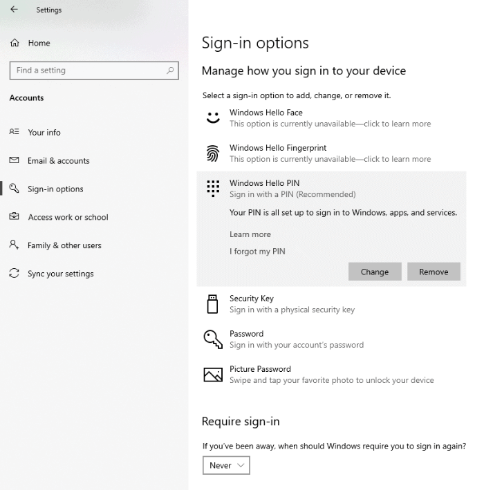 Опции за влизане в Windows 10