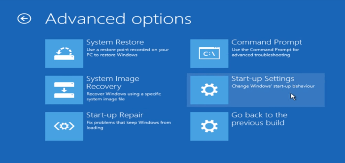 Configurações de inicialização das opções avançadas do Windows 10